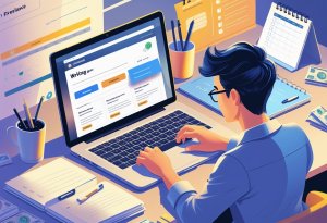 A person working at a desk with a laptop showing a freelance writing website, surrounded by notebooks, coffee, and a checklist, representing making money through writing online.