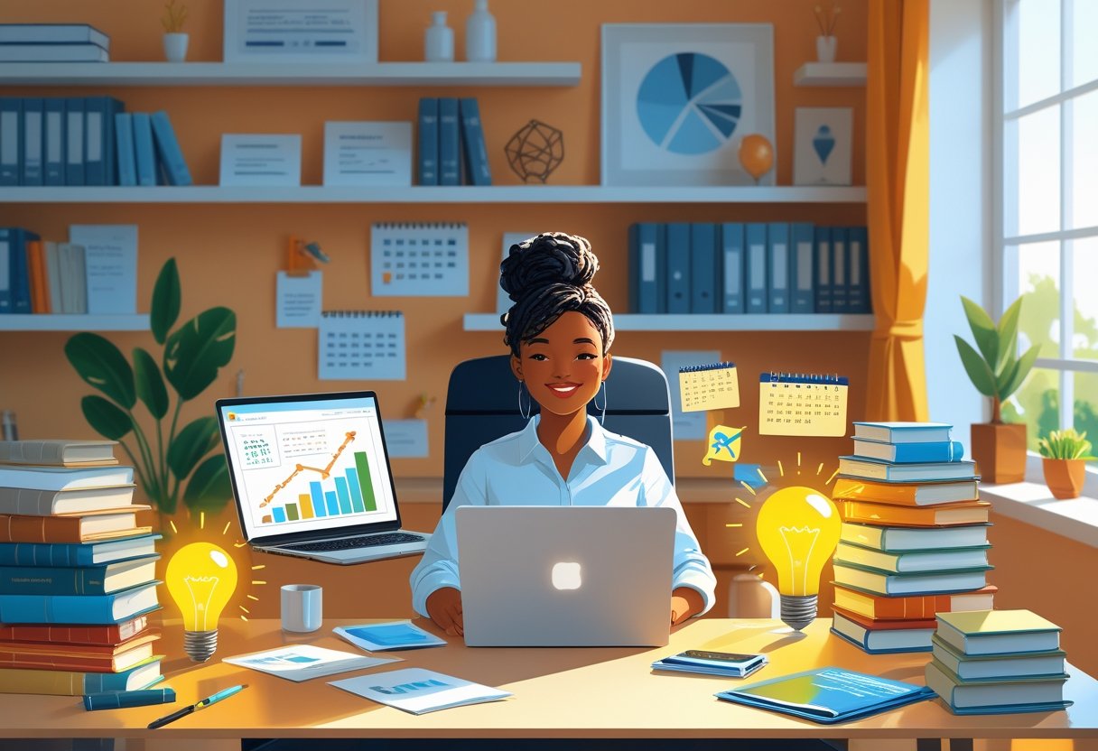 A writer working at a desk surrounded by books, a laptop with charts, and a calendar in a bright home office.