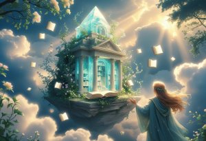 A glowing crystal library floating in clouds with a robed figure reaching toward hovering books under soft golden light.